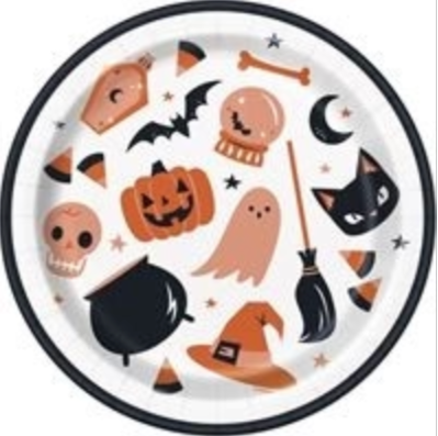 Round 9-inch white plate with black rim featuring orange and black Halloween icons like pumpkin, ghost, skull, bat, witch.