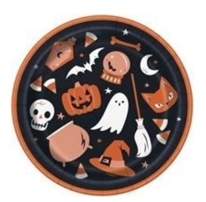 Black 7-inch paper plate with Halloween icons including jack-o'-lantern, ghost, skull, witch hat, cat, candy corn, and bat.