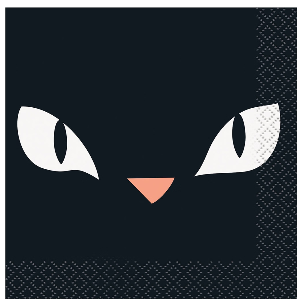 Black beverage napkin with white cat eyes and a small pink nose, 16-count pack.