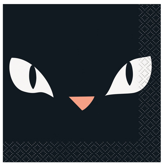 Black beverage napkin with white cat eyes and a small pink nose, 16-count pack.