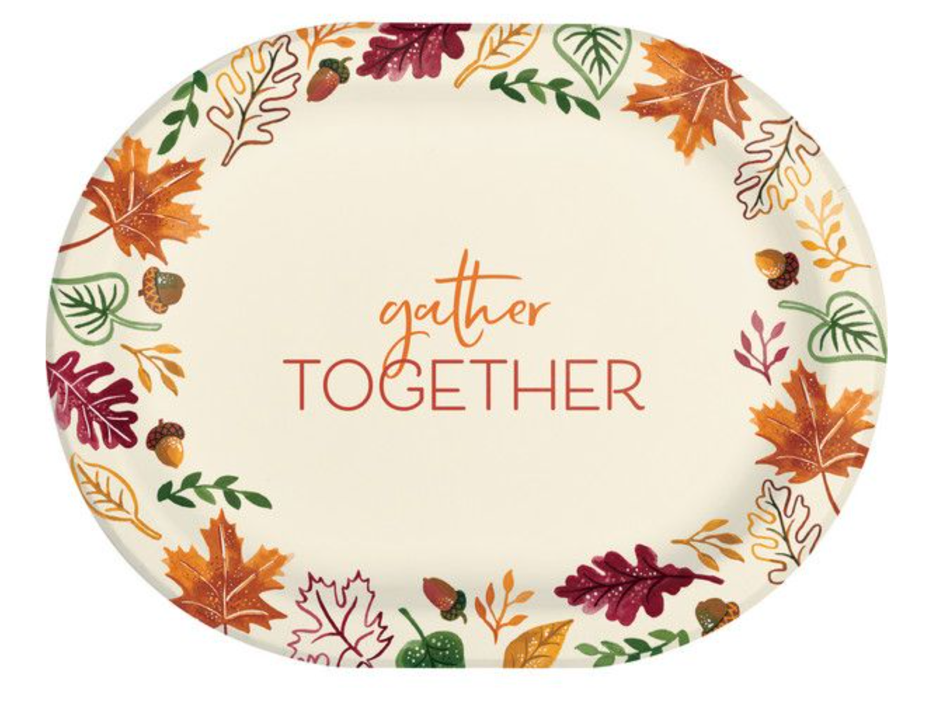 Oval ceramic platter with "gather TOGETHER" text, decorated with colorful autumn leaves.