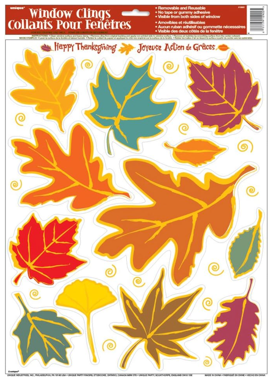 Colorful fall leaf window clings in various shapes including maple, oak, and ginkgo leaves with orange, red, yellow, and.