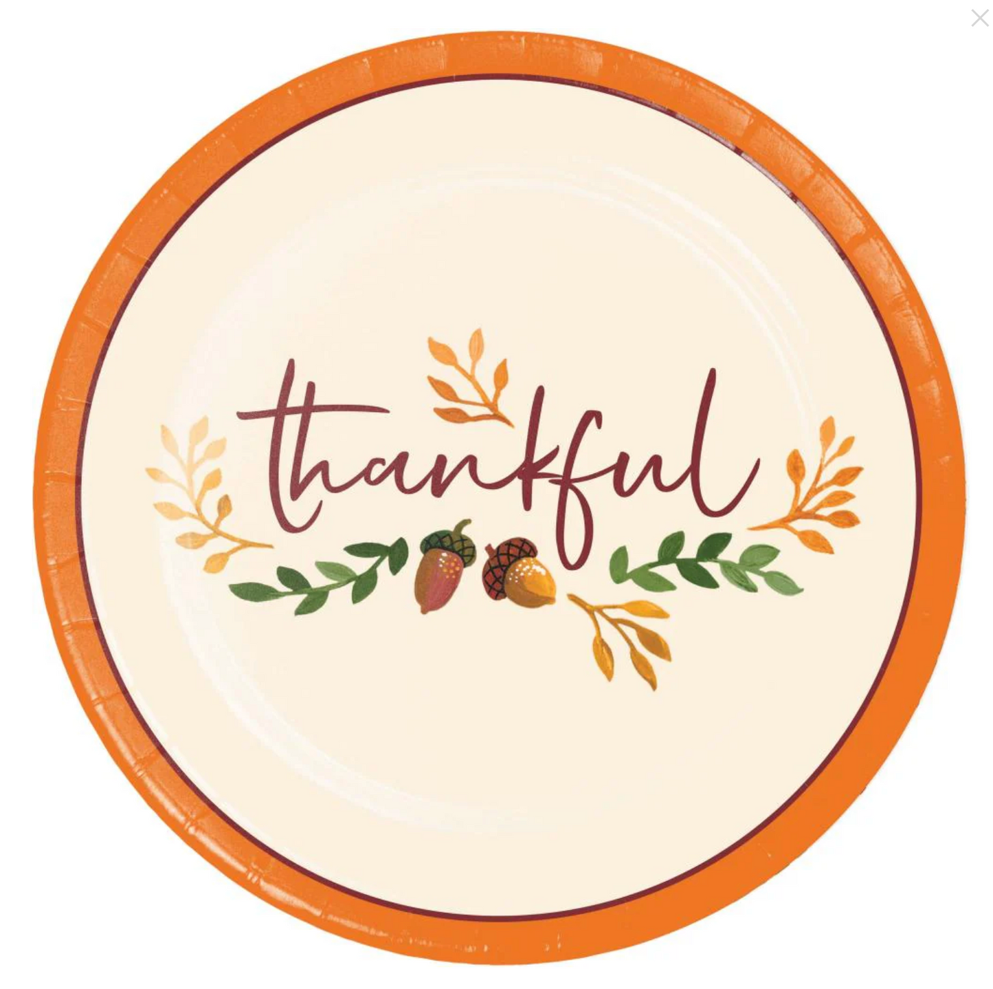 Round cream-colored luncheon plate with orange rim, featuring "thankful" text and fall leaves and acorns design.