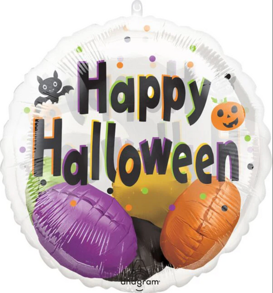 Round white foil balloon with colorful polka dots featuring “Happy Halloween” text, a bat, a pumpkin, and three wrapped.