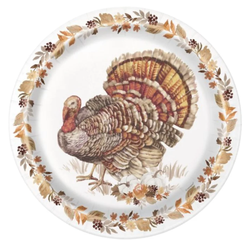 9-inch round paper plate with vintage-style turkey illustration and autumn leaf border in brown and orange tones.