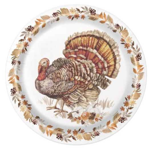 9-inch round paper plate with vintage-style turkey illustration and autumn leaf border in brown and orange tones.