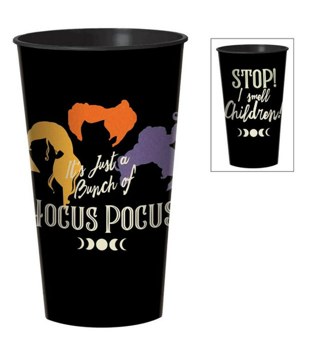 Black 32oz plastic cup featuring colorful silhouettes of three witches and "Just a Bunch of Hocus Pocus" text with moon.