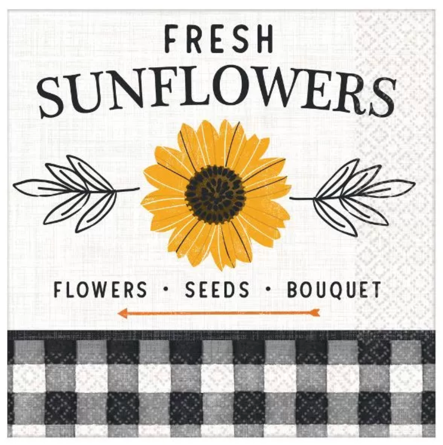 White beverage napkins with a yellow sunflower and black text reading fresh sunflowers, featuring black leaf illustrations.
