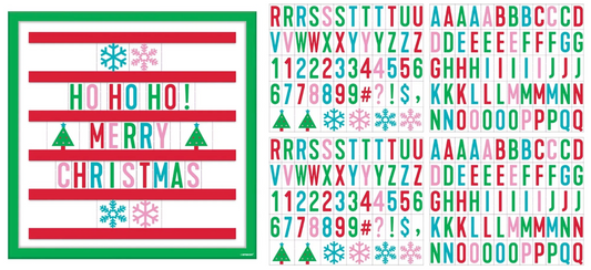 Square Christmas cardboard message board with red and green border and interchangeable letters and symbols in red, green,.