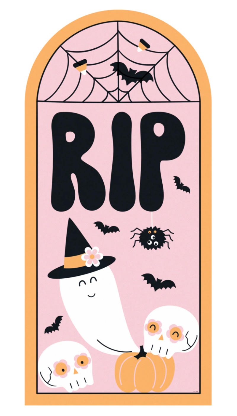 Pink arched Halloween wall decor with black "RIP" letters, ghost wearing witch hat, black bats, spider, and two skulls on.