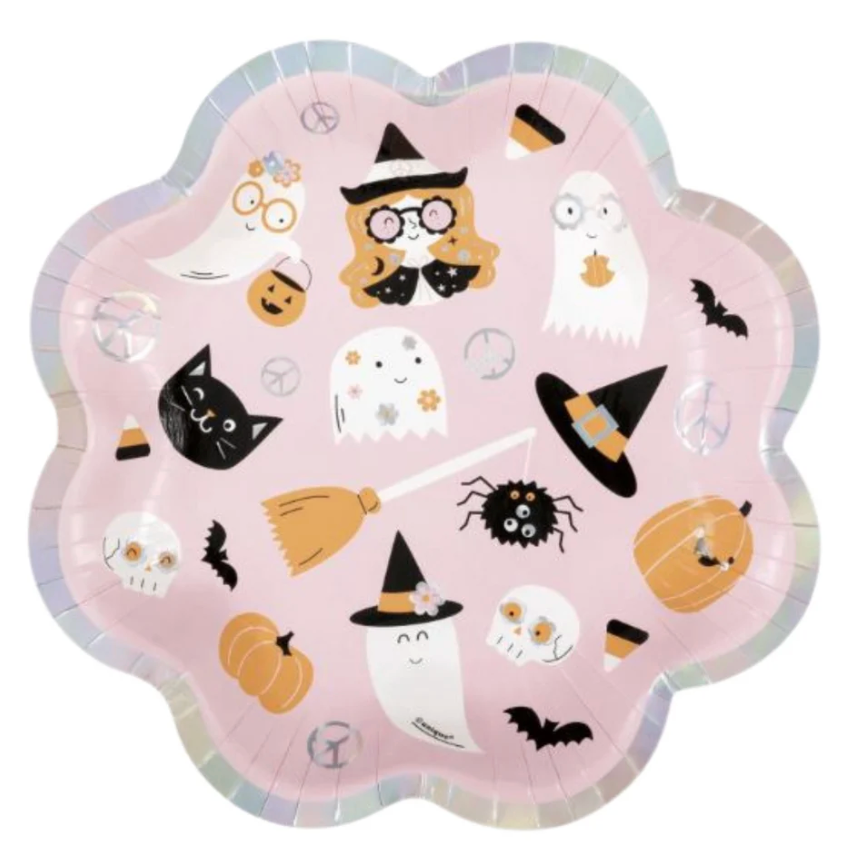 Pink scalloped paper plate with Halloween-themed illustrations including ghosts, pumpkins, witches' hats, bats, spiders,.