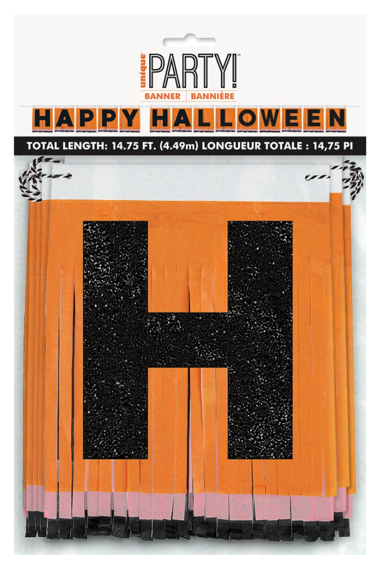 Black glitter letter H tissue fringe banner with orange background and pink fringe at bottom.