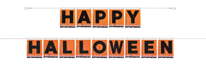 Orange rectangular tissue paper banner with black letters spelling "HAPPY HALLOWEEN," each letter framed by black edges and.