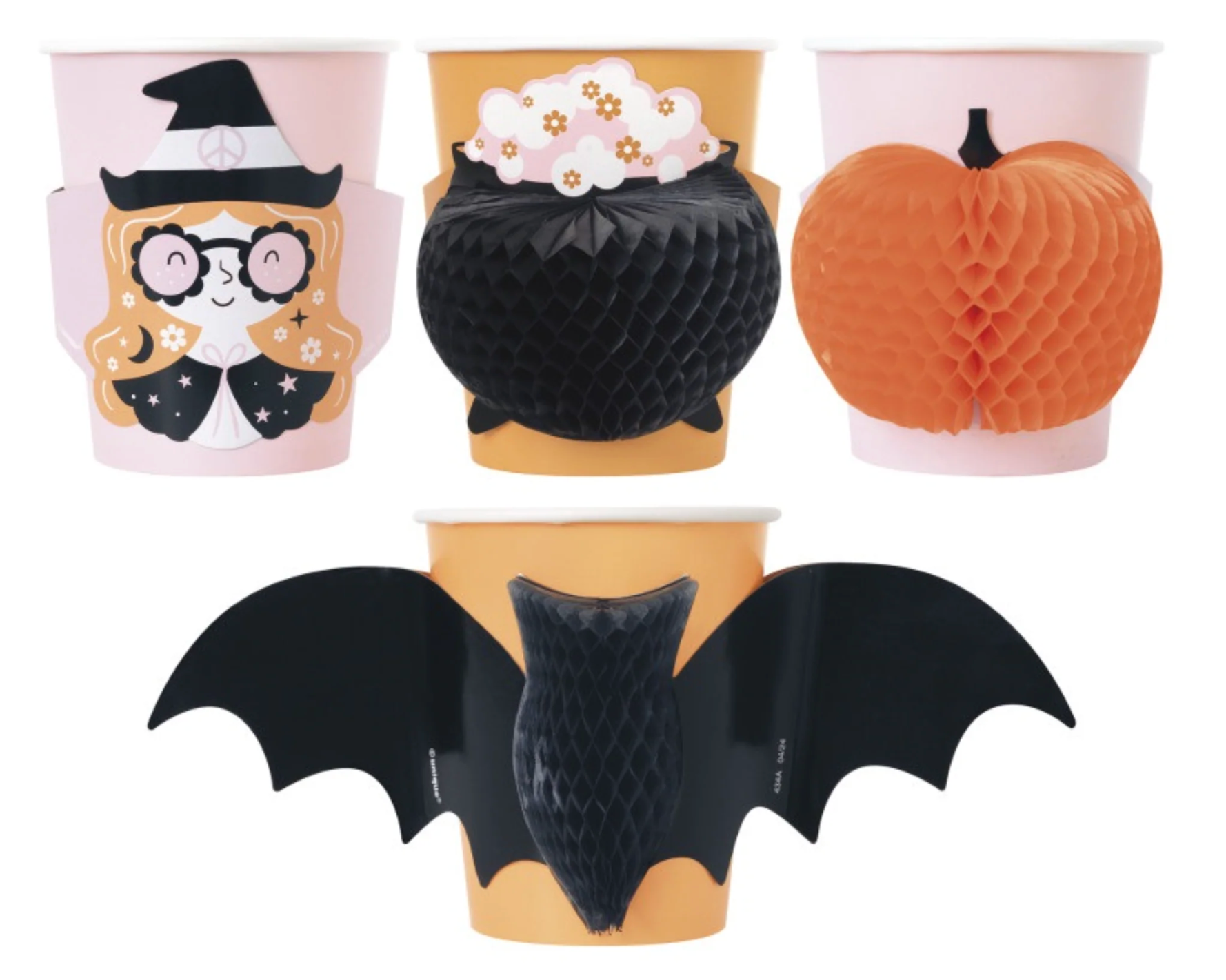 Pink cup with witch face, black honeycomb spider, orange cup with honeycomb pumpkin, orange cup with black bat wings.