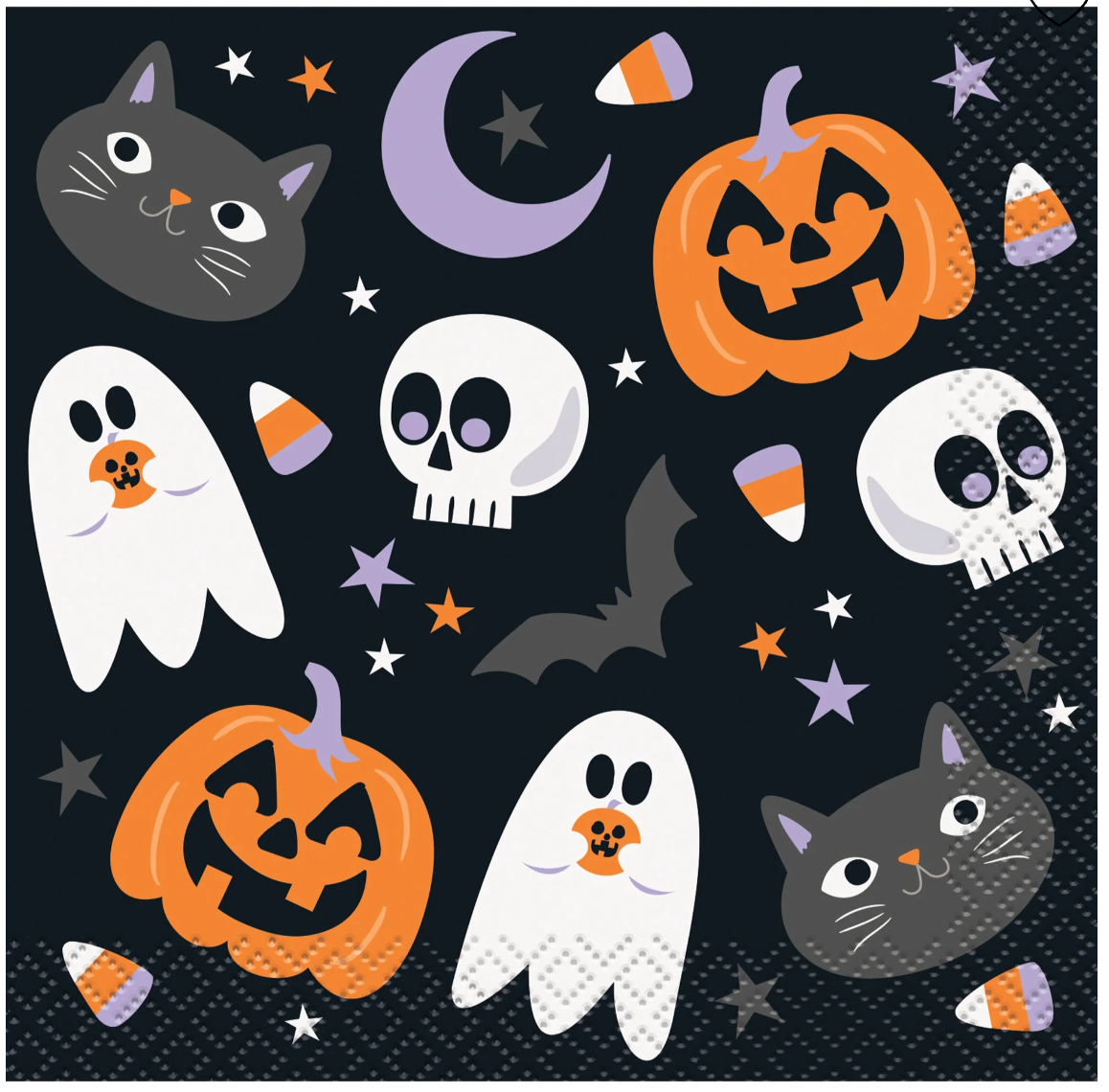 Square Halloween napkin with black background featuring orange jack-o’-lanterns, white ghosts, gray skulls, black cats,.