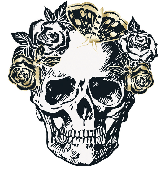 Black and white skull illustration with roses and a butterfly on a cream paper placemat.