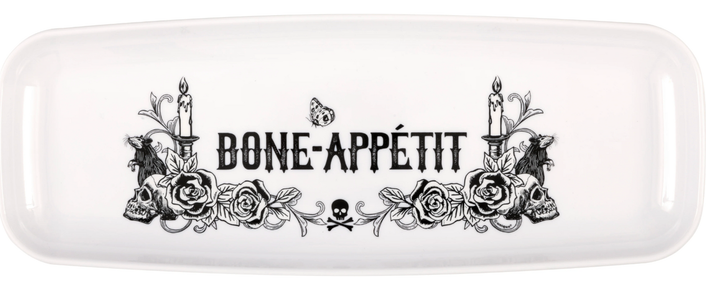 White rectangular plastic serving tray with black sketchy skulls, candles, roses, and "BONE-APPÉTIT" text.