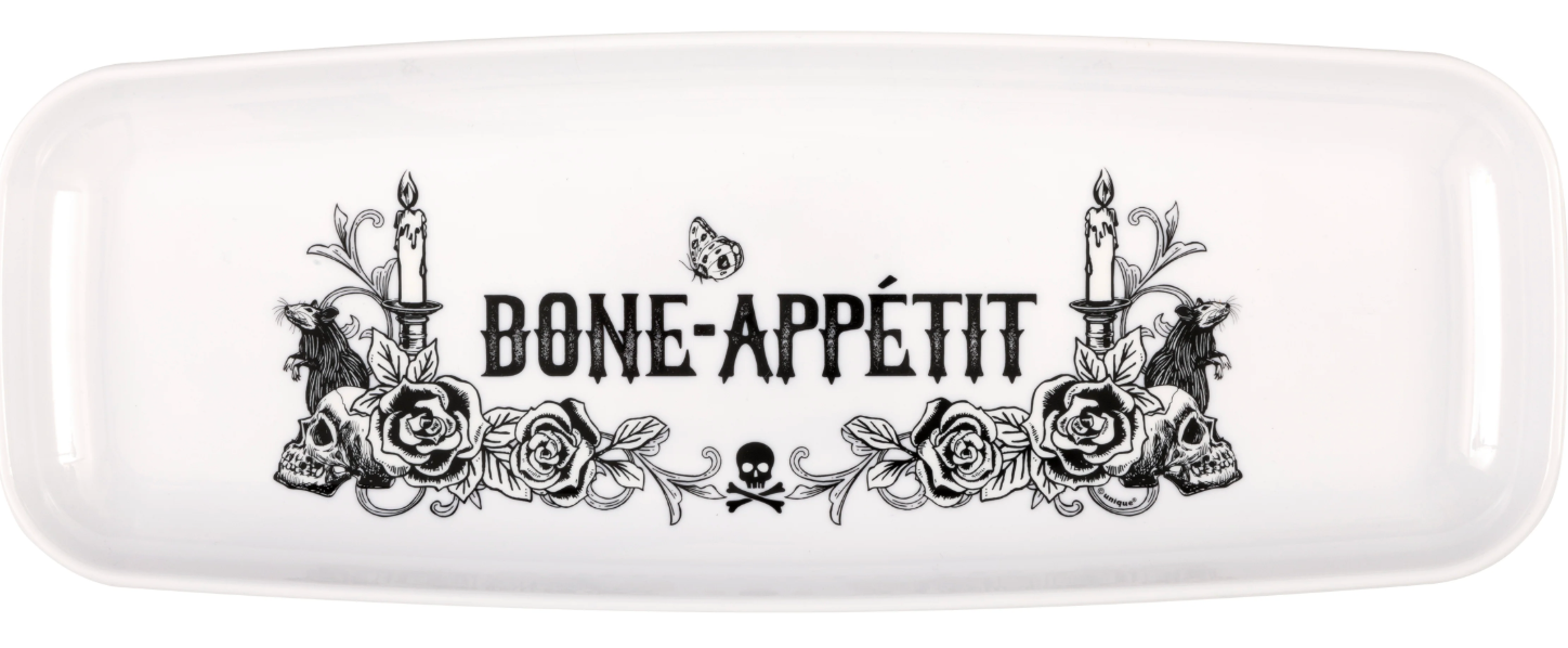 White rectangular plastic serving tray with black sketchy skulls, candles, roses, and "BONE-APPÉTIT" text.