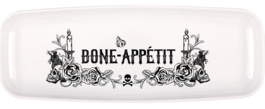 White rectangular plastic serving tray with black sketchy skulls, candles, roses, and "BONE-APPÉTIT" text.