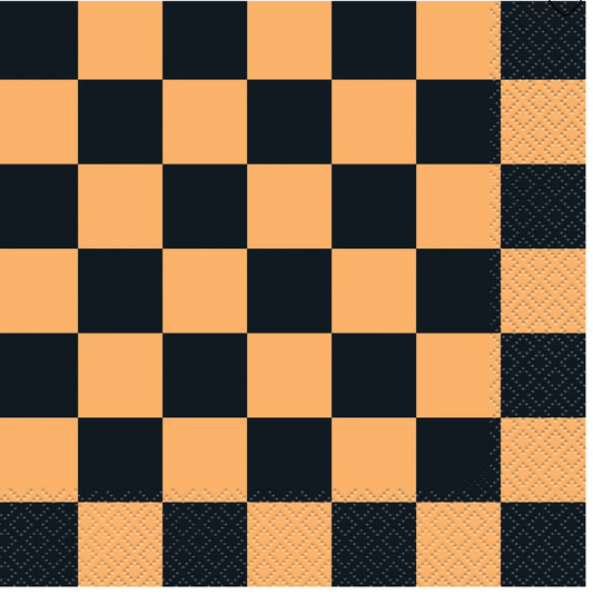 Orange and black checkered Halloween lunch napkin with embossed texture, pack of 16.