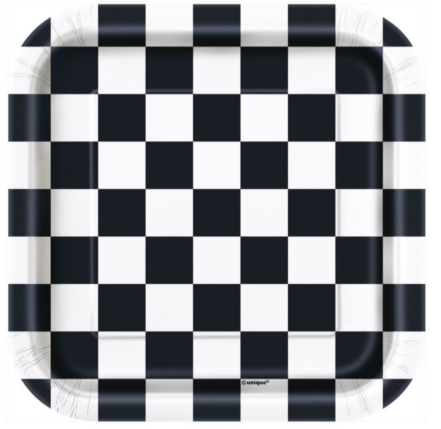 7-inch square paper plate with black and white checkered pattern and rounded edges.