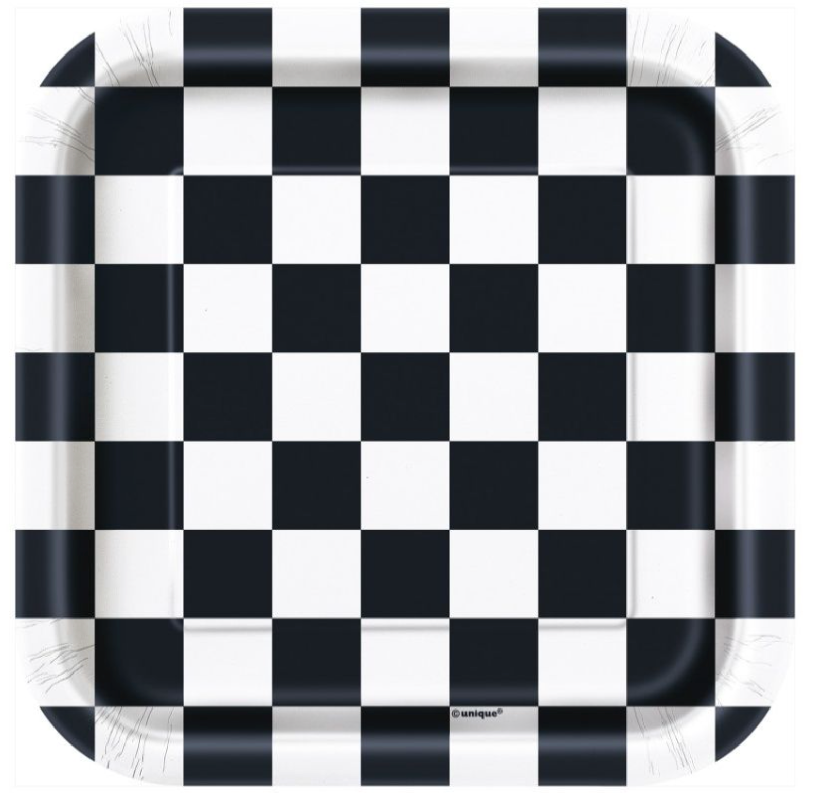 7-inch square paper plate with black and white checkered pattern and rounded edges.