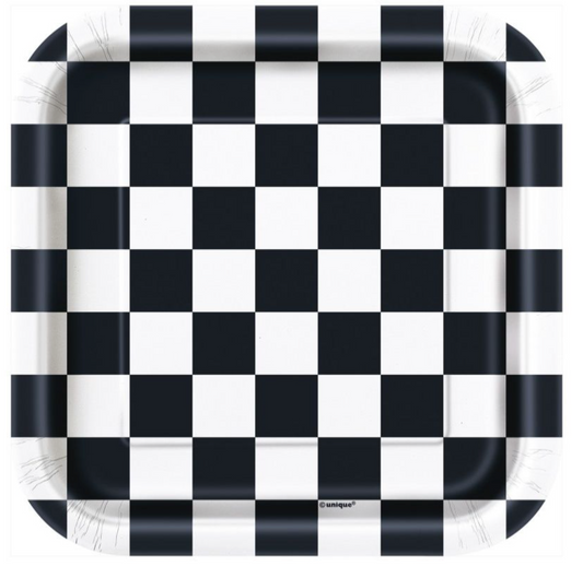 7-inch square paper plate with black and white checkered pattern and rounded edges.