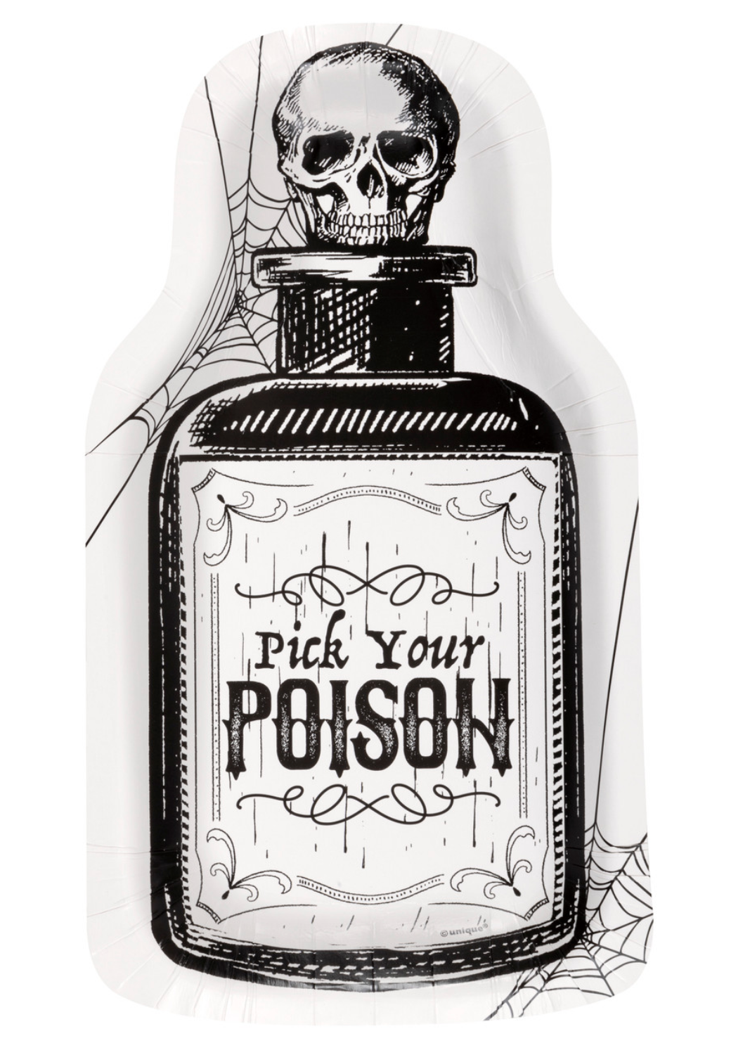 Bottle-shaped white plate with black sketchy skull on top and text "Pick Your Poison" with spiderweb details.