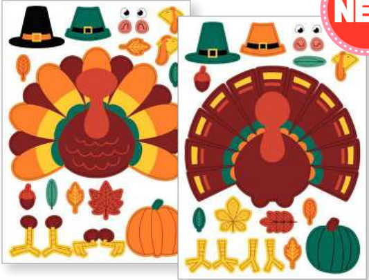 Two sets of colorful Thanksgiving turkey stickers with removable parts including feathers, hats, eyes, beaks, feet, leaves,.
