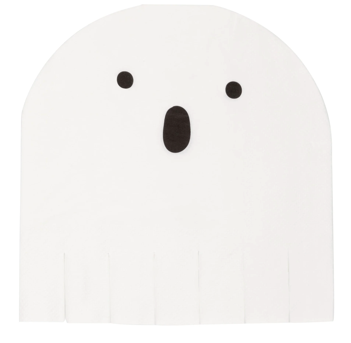 White lunch napkin shaped like a ghost with black eyes, nose, and fringed bottom edge.