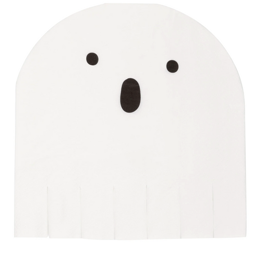 White lunch napkin shaped like a ghost with black eyes, nose, and fringed bottom edge.