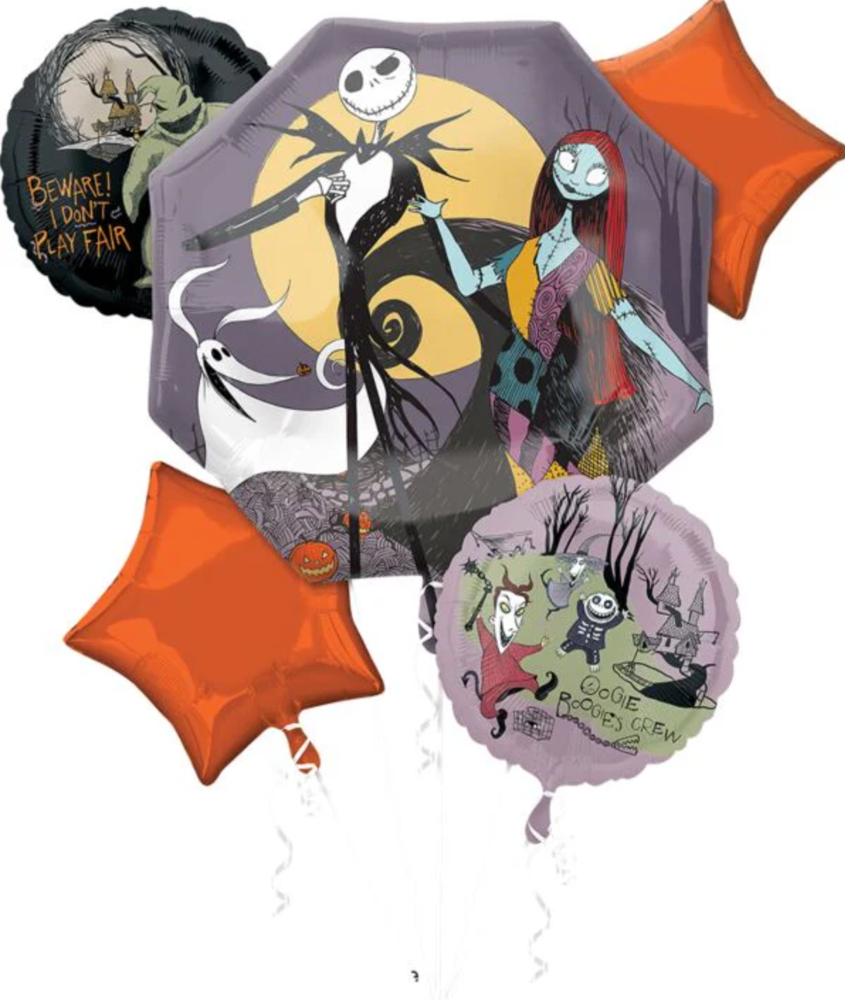 Halloween balloon bouquet with Nightmare Before Christmas characters, including Jack Skellington, Sally, and Zero on foil.