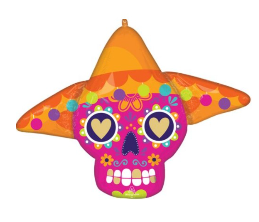 Orange star-shaped foil balloon with a pink sugar skull face featuring heart-shaped eyes and colorful floral designs.