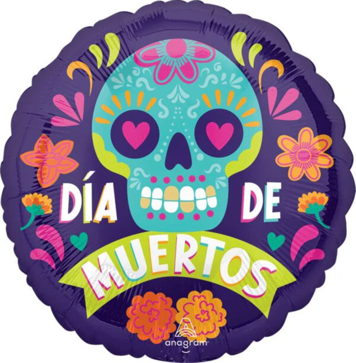 Round purple foil balloon with colorful sugar skull, floral designs, and text "Día de Muertos".