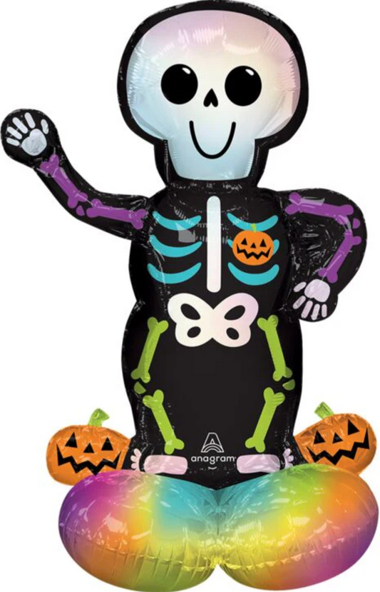 35-inch foil balloon shaped like a smiling skeleton with colorful bones, pumpkins, and rainbow base.