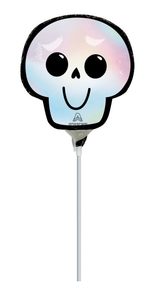 14-inch foil balloon shaped like a white skull with black eyes and nose on a stick.
