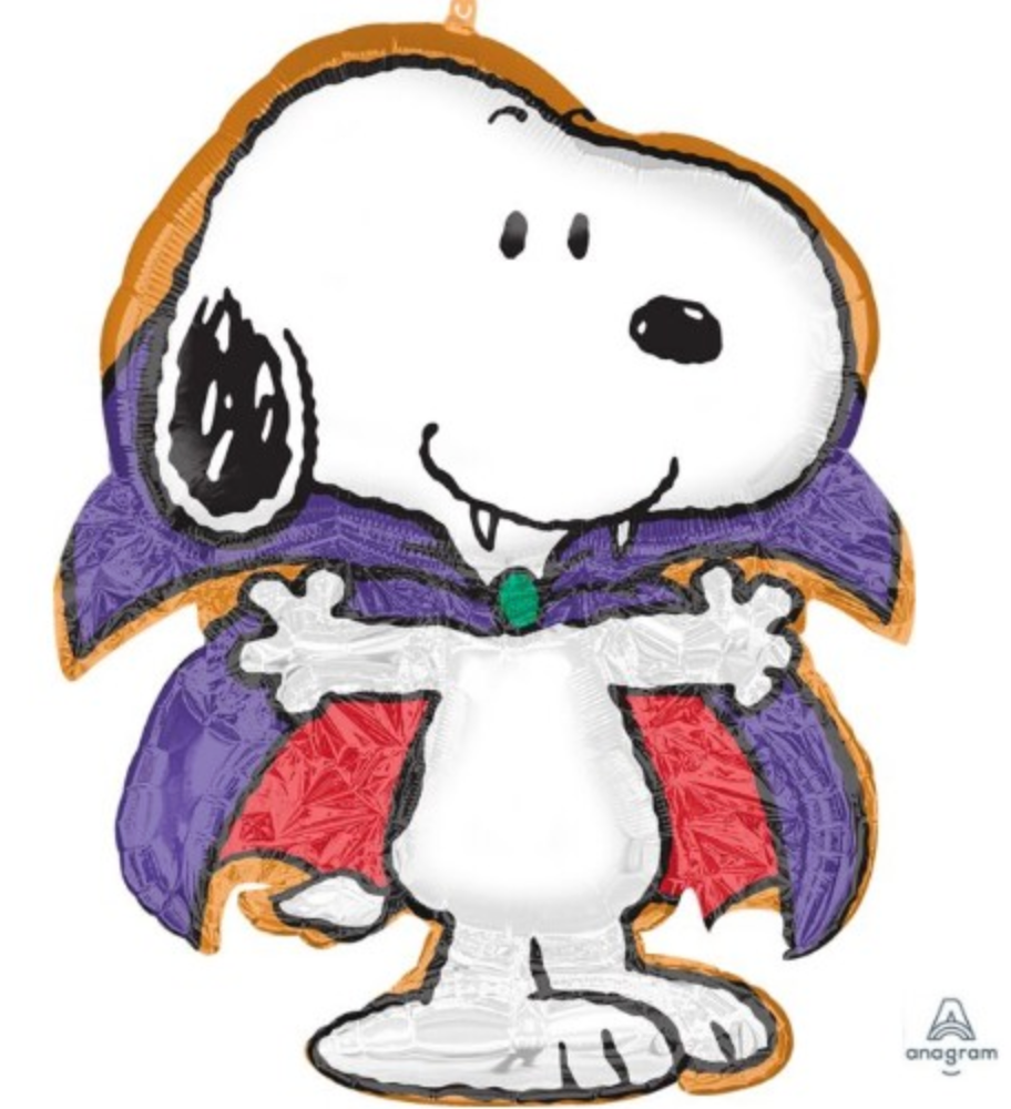 30-inch foil balloon shaped like Snoopy dressed as a vampire with a purple cape and orange trim.