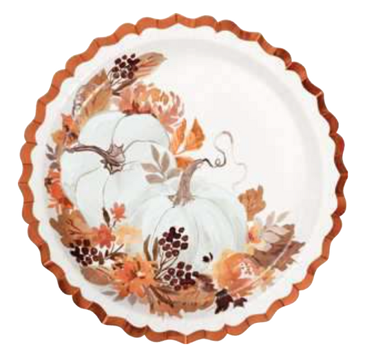 11-inch scalloped paper plate shaped like a pumpkin with white pumpkins and autumn leaves design.