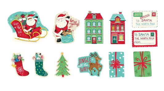 Set of 12 colorful Christmas cutouts featuring Santa, sleigh, stockings, tree, reindeer, gifts, and North Pole signs.