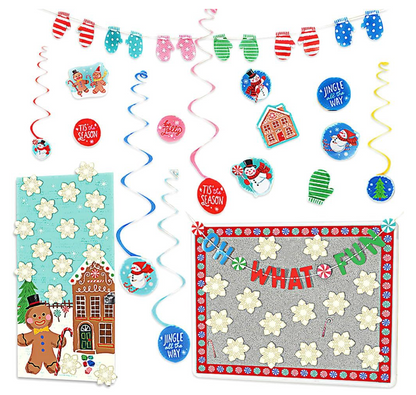 Colorful Christmas hanging swirl decorations with peppermint, mitten, gingerbread house, and festive character designs in.