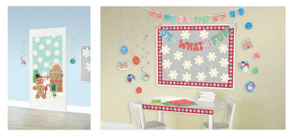 Christmas door decoration with gingerbread house, candy canes, and snowflakes on a white background; peppermint-themed.