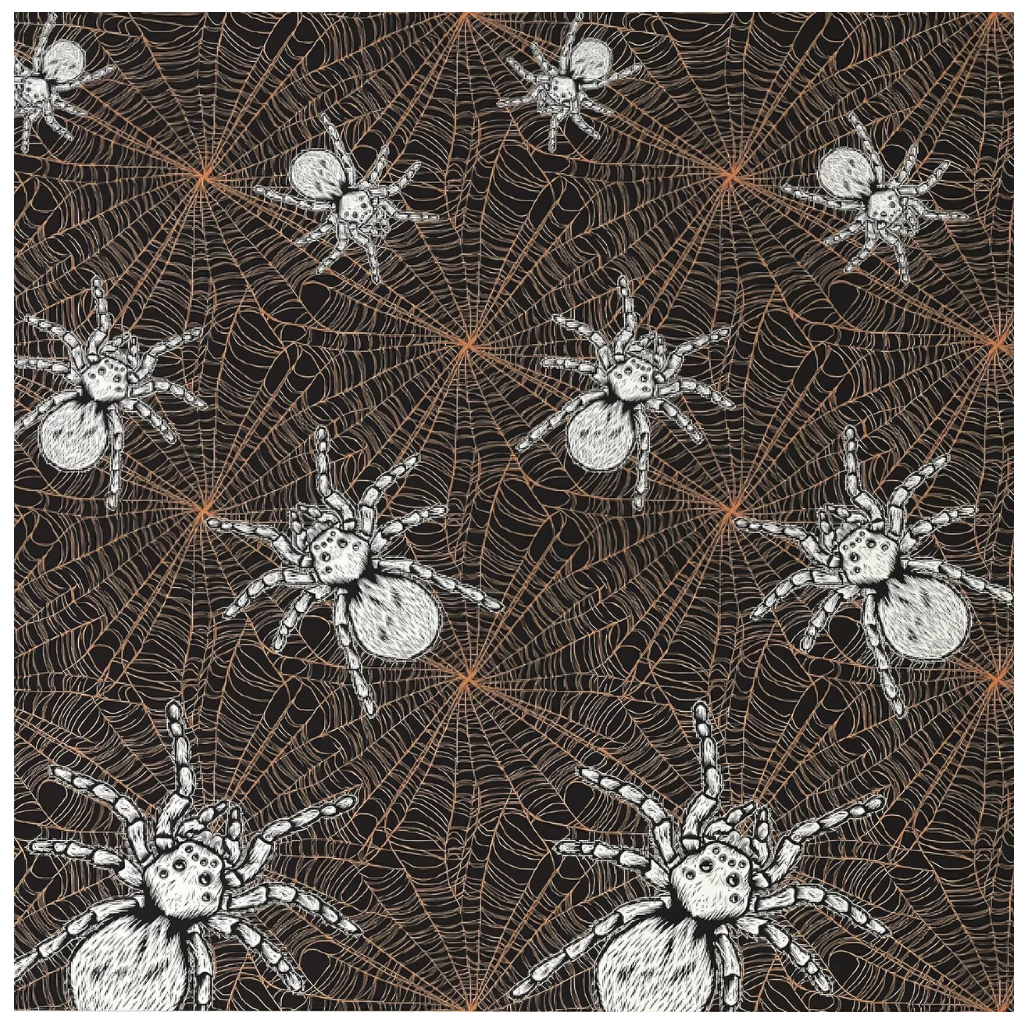 Roll of black Halloween room decoration paper featuring detailed white spiders and orange spiderweb patterns.