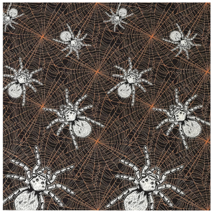 Roll of black Halloween room decoration paper featuring detailed white spiders and orange spiderweb patterns.