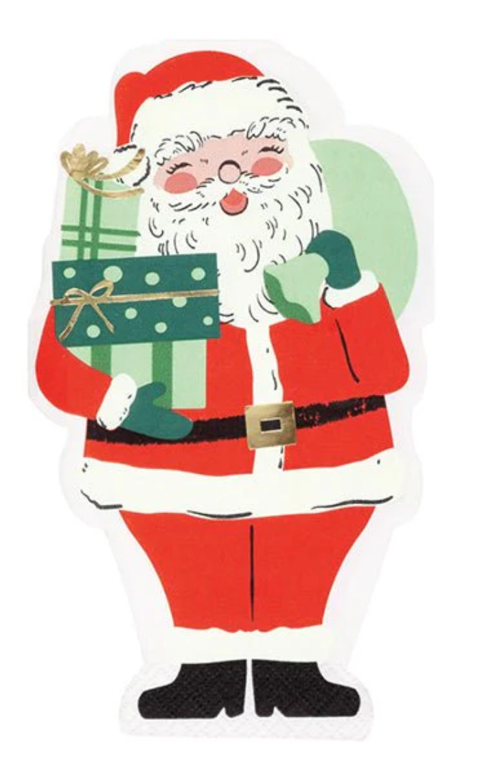 Santa-shaped guest napkin with vintage design, red suit, white beard, holding green and gold wrapped gifts.