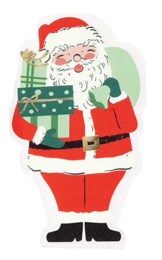 Santa-shaped guest napkin with vintage design, red suit, white beard, holding green and gold wrapped gifts.
