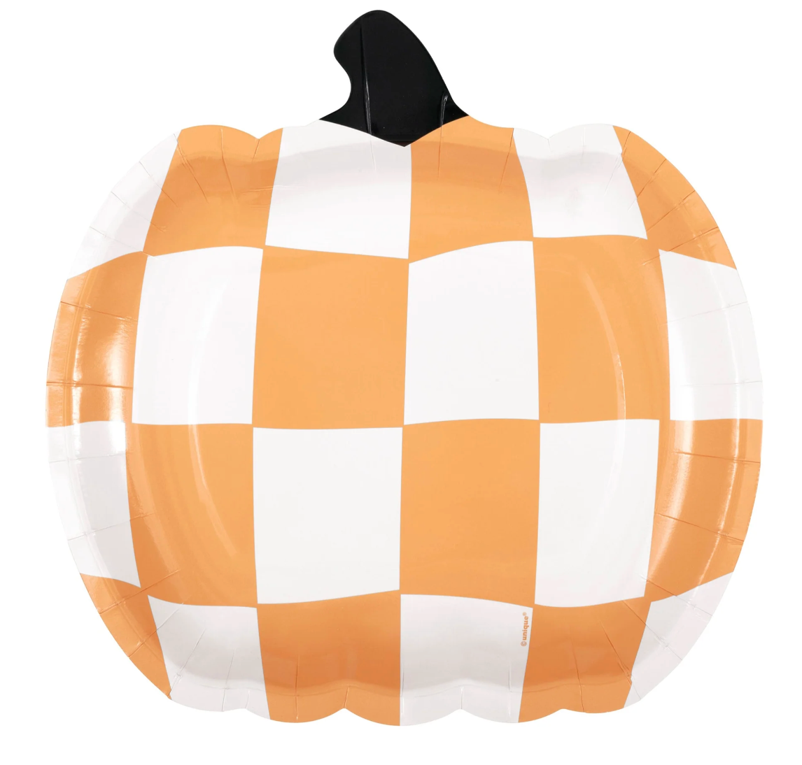 Pumpkin-shaped 9-inch paper plate with orange and white checkerboard pattern and black stem.