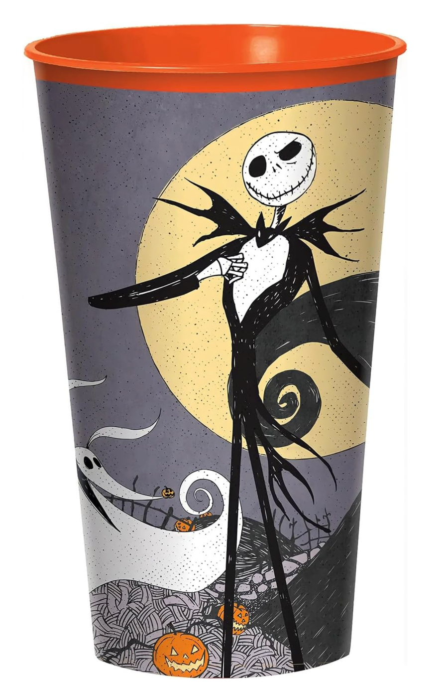 Tall party cup featuring Jack Skellington from Nightmare Before Christmas, with orange rim and Halloween-themed gray.
