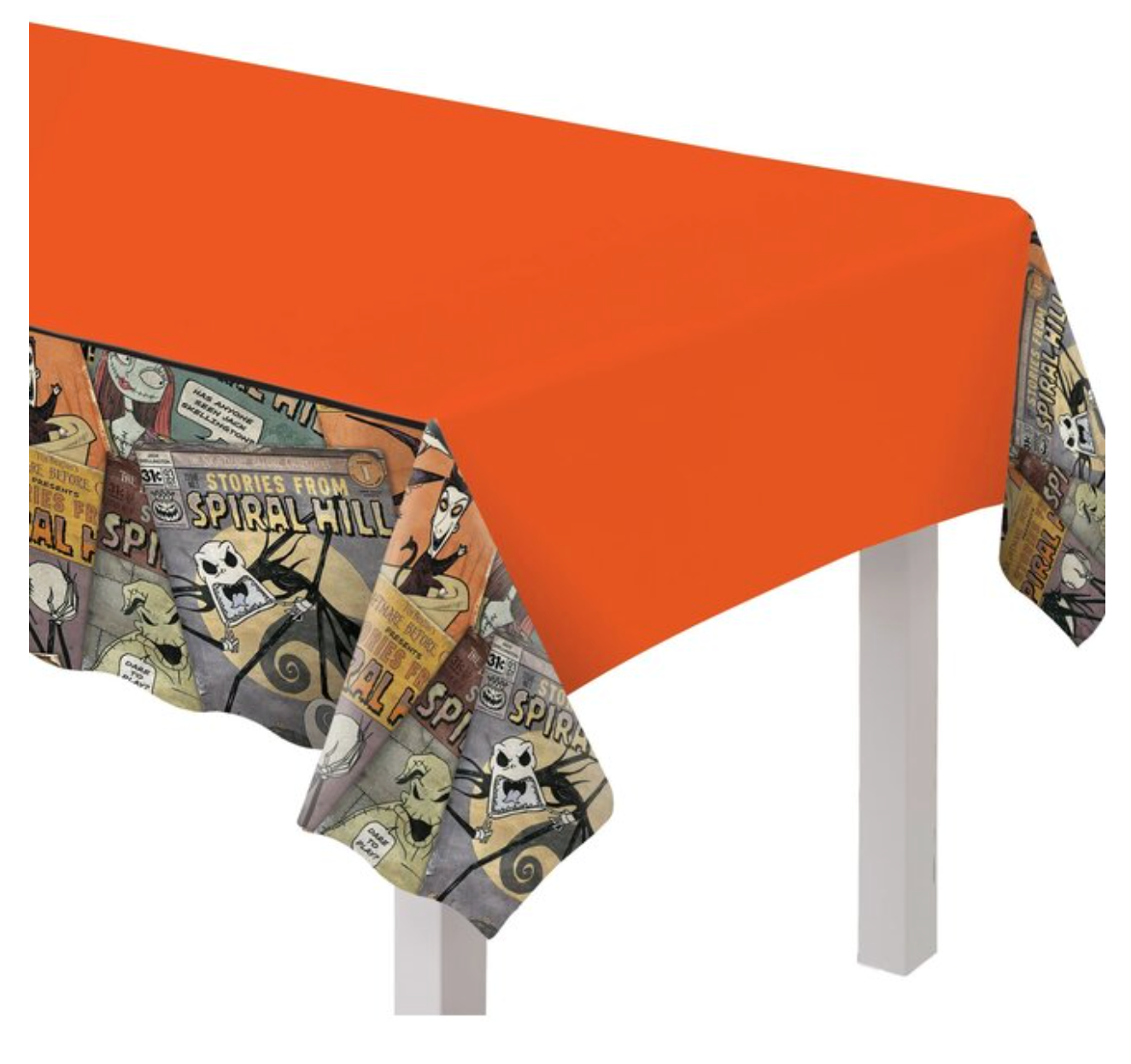 Orange plastic table cover with Nightmare Before Christmas Pumpkin King themed spooky border.