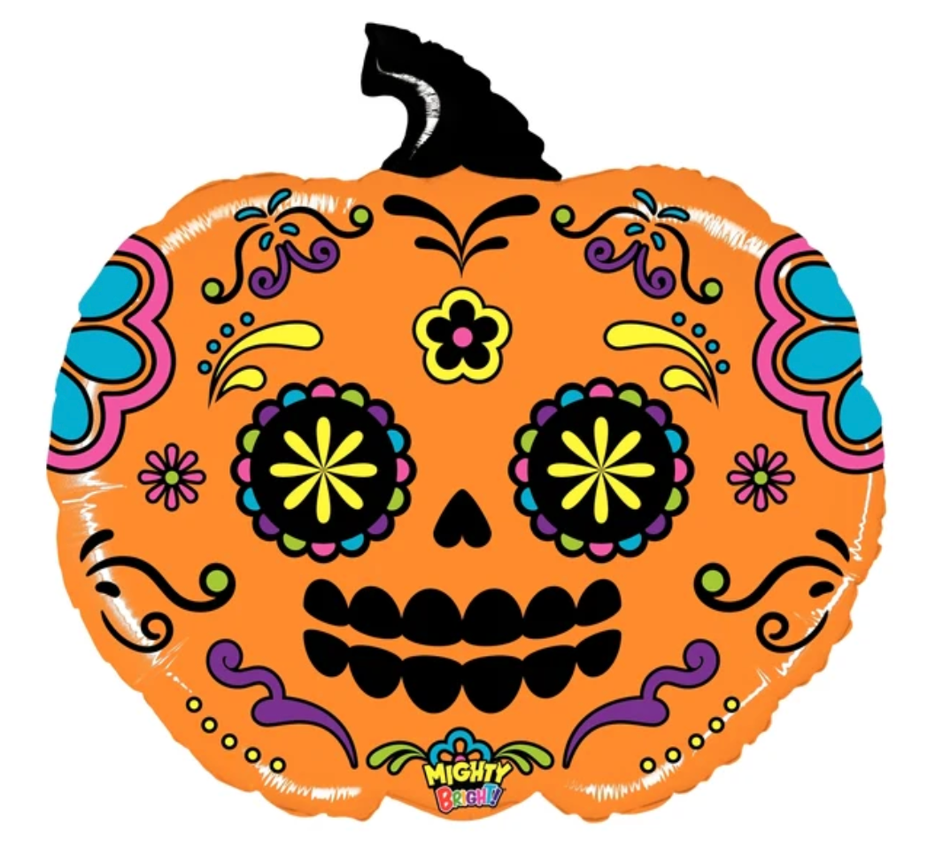 Orange foil balloon shaped like a pumpkin with colorful sugar skull face and black witch hat topper.