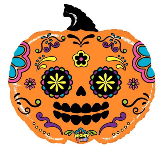 Orange foil balloon shaped like a pumpkin with colorful sugar skull face and black witch hat topper.
